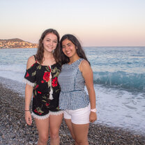 High School Semester Abroad! two girls on beach at sunset